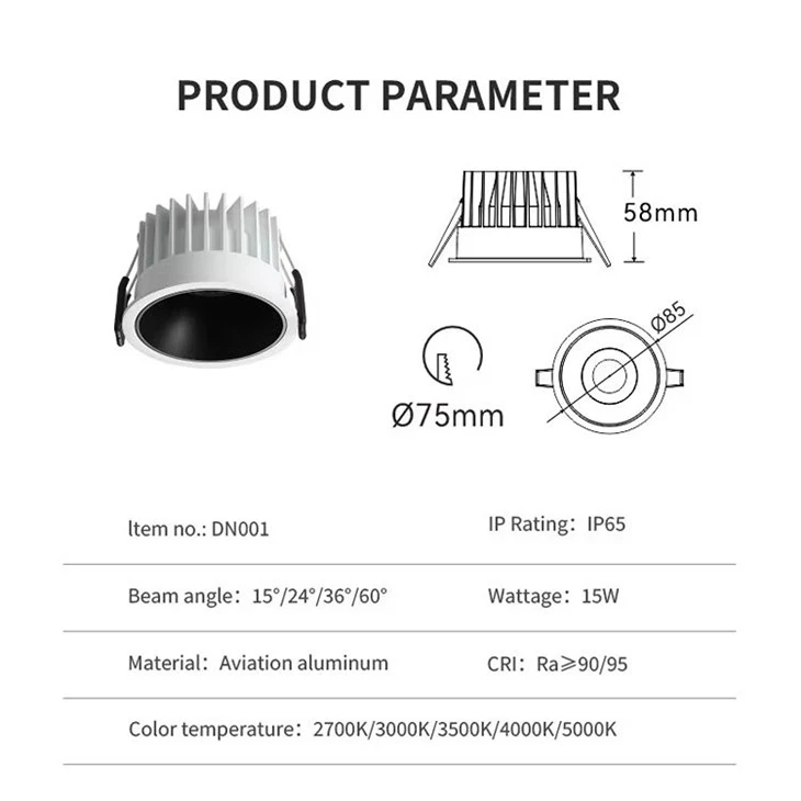 IP65 Waterproof Recessed LED Downlight High CRI Anti-Glare COB Ceiling Spot Light for Wet Area high quality